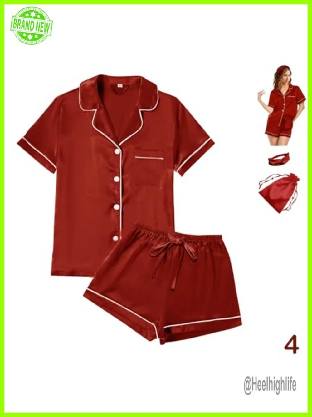 Silk Satin Pajama Set with Headband and Pouch Bag - Short Sleeve, Button Front,